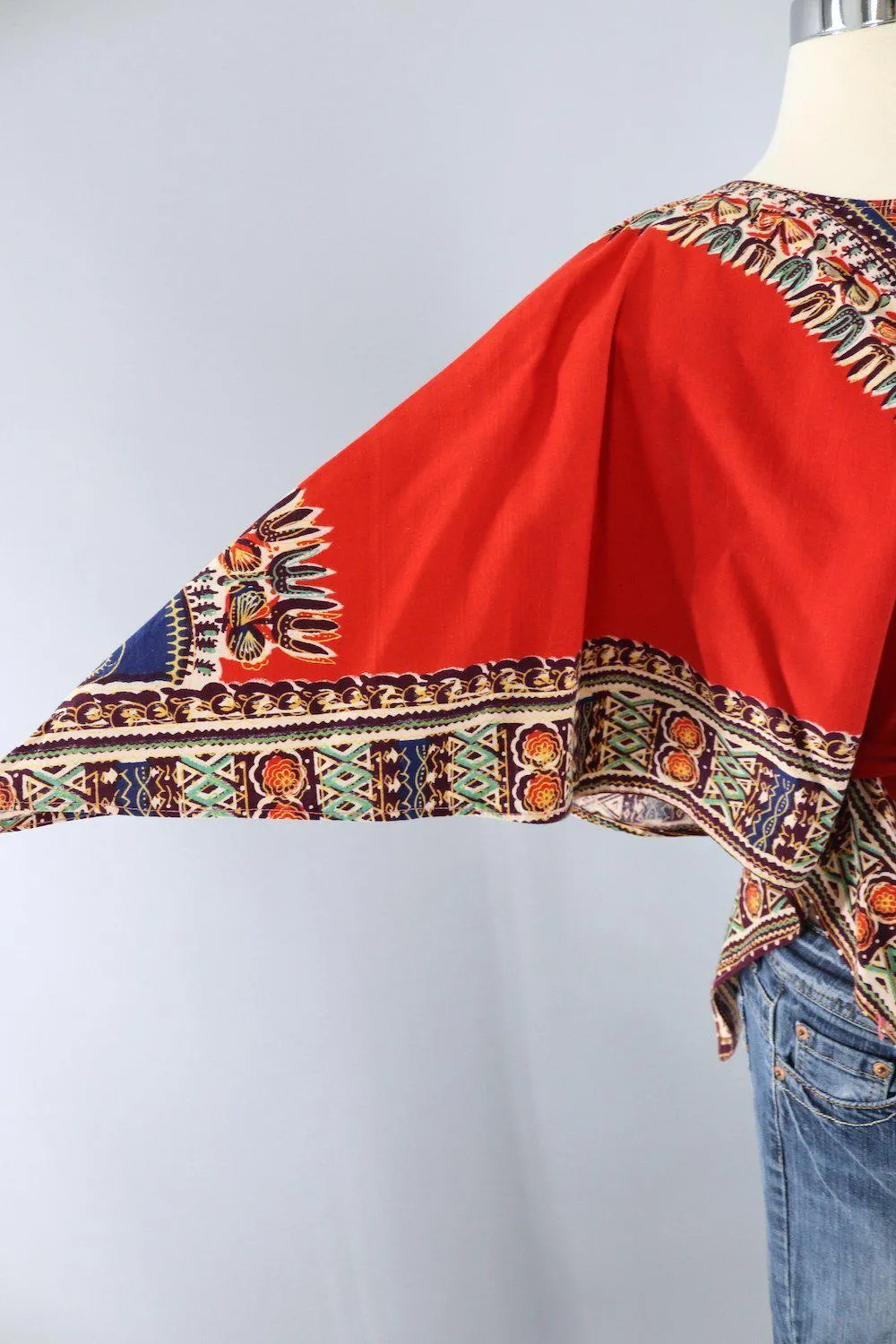 Vintage 1970s Red Orange Hippie Tunic with Matching Tie