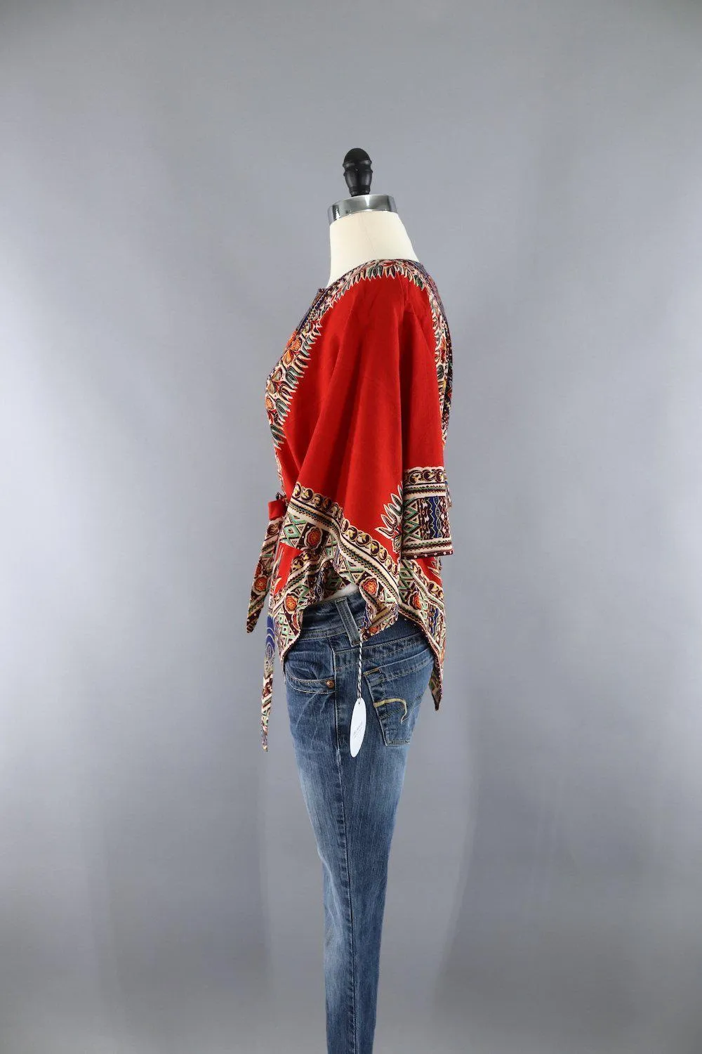 Vintage 1970s Red Orange Hippie Tunic with Matching Tie