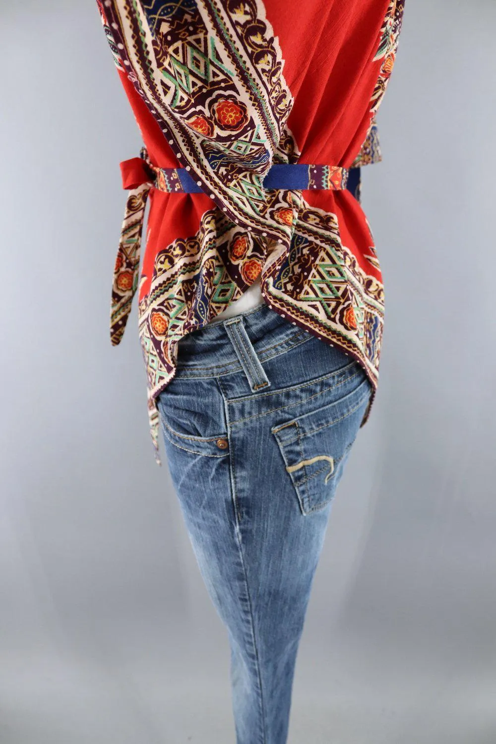 Vintage 1970s Red Orange Hippie Tunic with Matching Tie