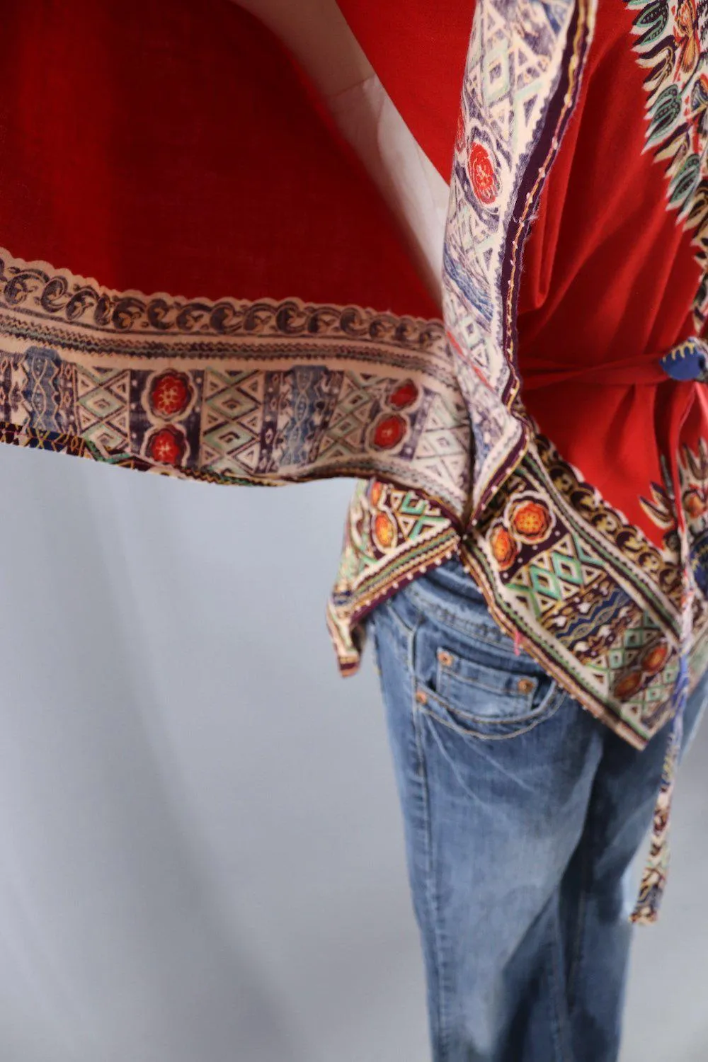 Vintage 1970s Red Orange Hippie Tunic with Matching Tie
