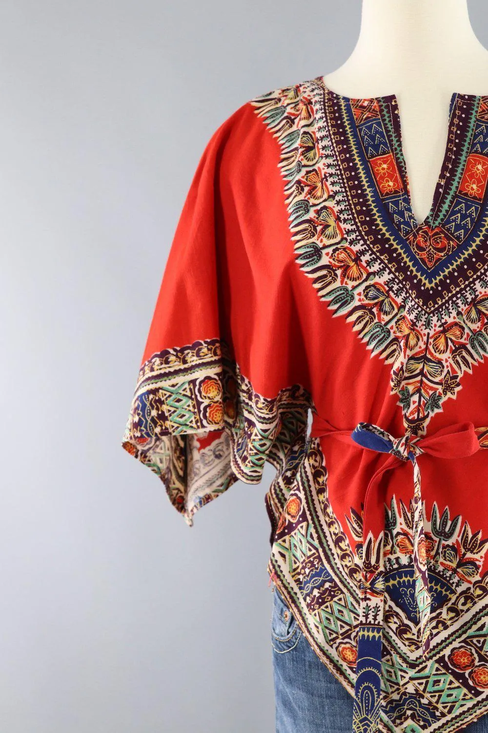 Vintage 1970s Red Orange Hippie Tunic with Matching Tie
