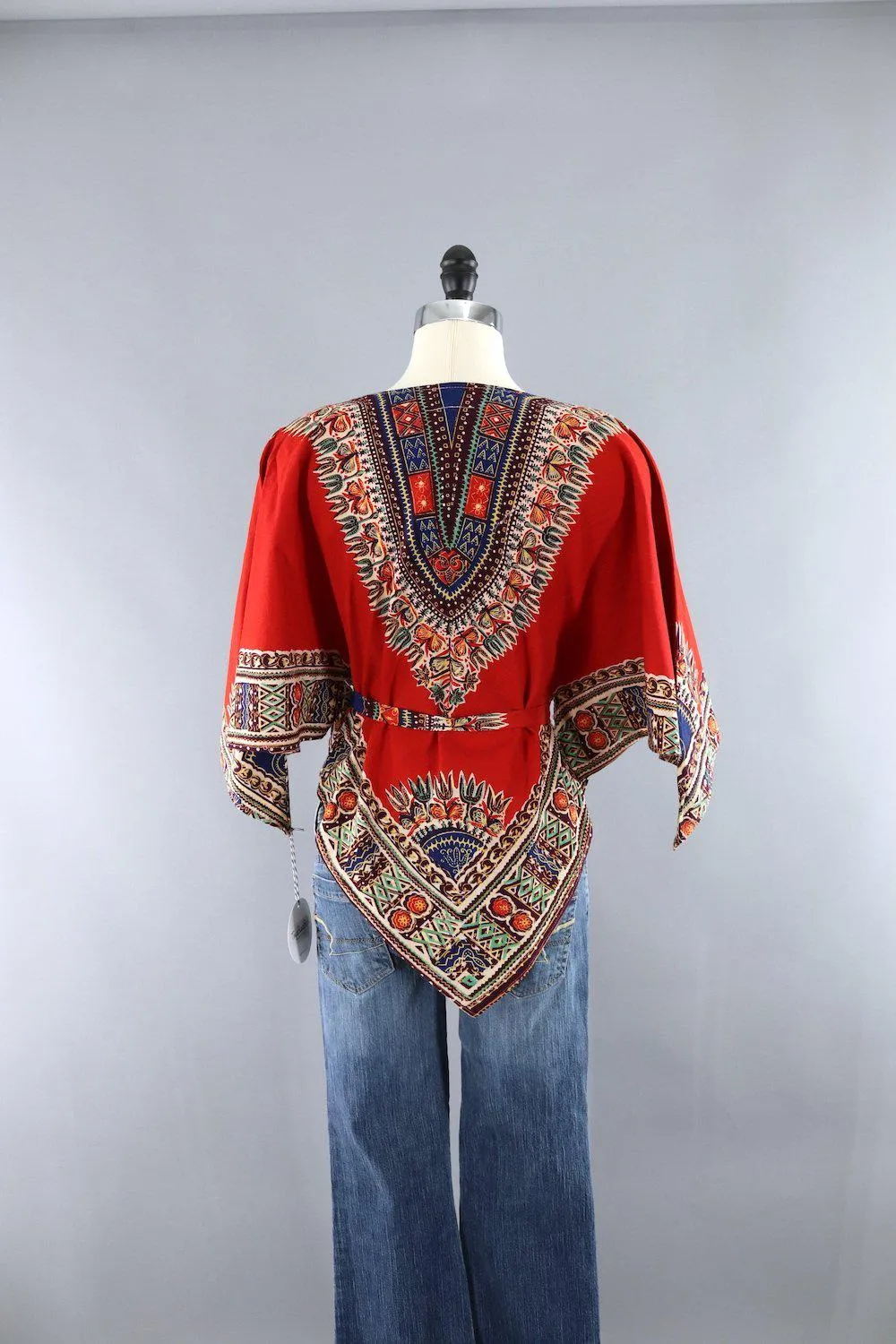 Vintage 1970s Red Orange Hippie Tunic with Matching Tie