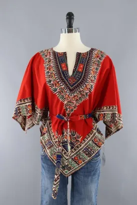 Vintage 1970s Red Orange Hippie Tunic with Matching Tie