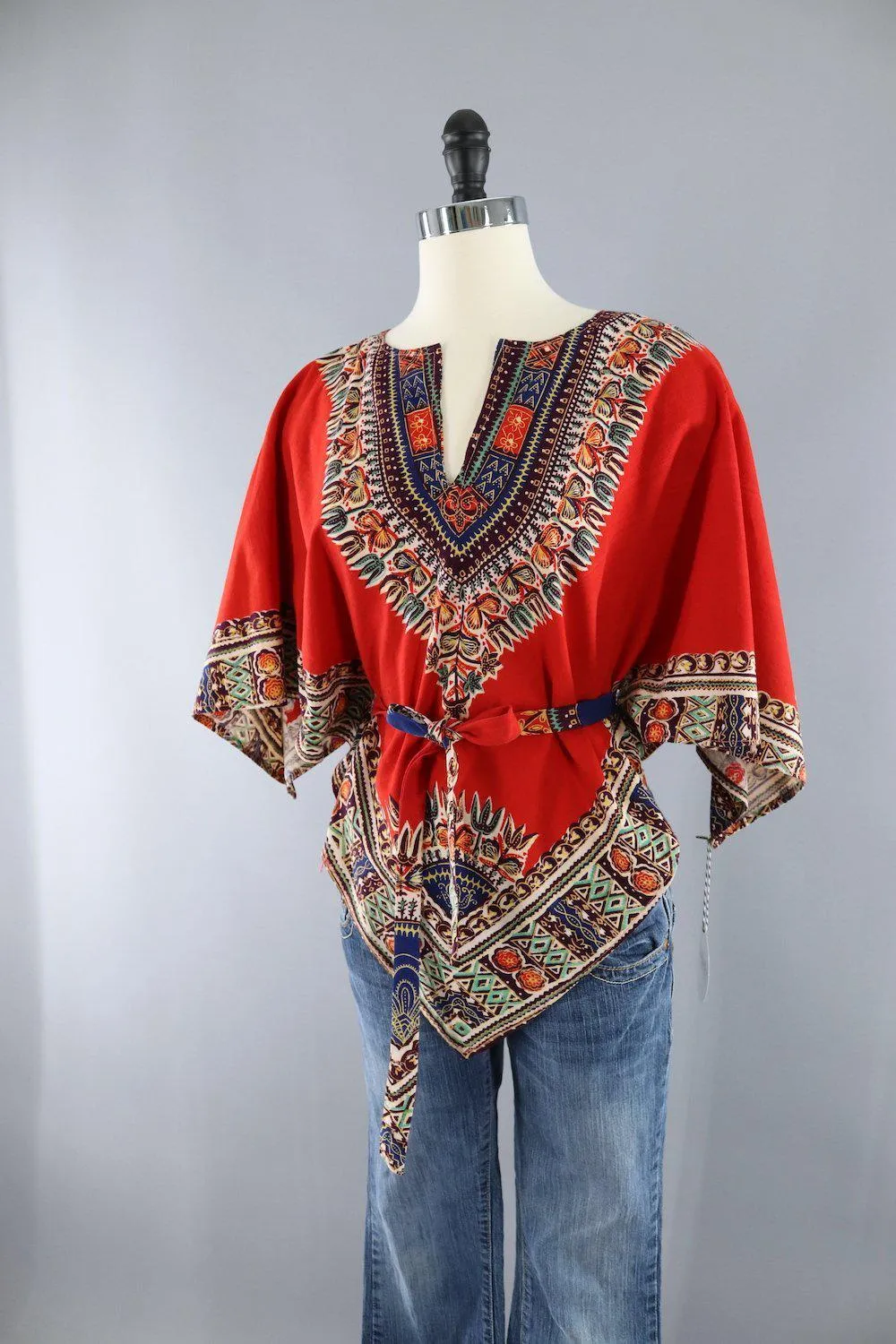 Vintage 1970s Red Orange Hippie Tunic with Matching Tie