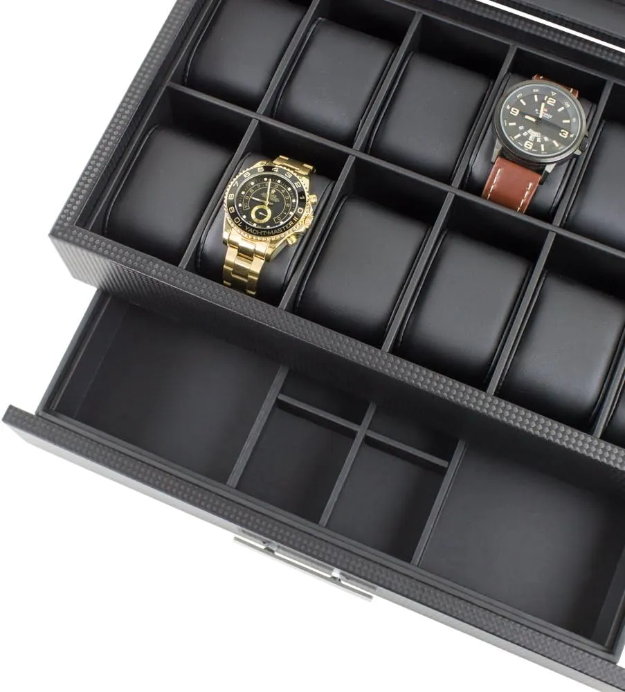 Watch Box with Valet Drawer for Men - 12 Slot Luxury Case Display Organizer, Carbon Fiber Design - Metal Buckle for Mens Jewelry Watches, Men's Storage Boxes Holder has Large Glass Top