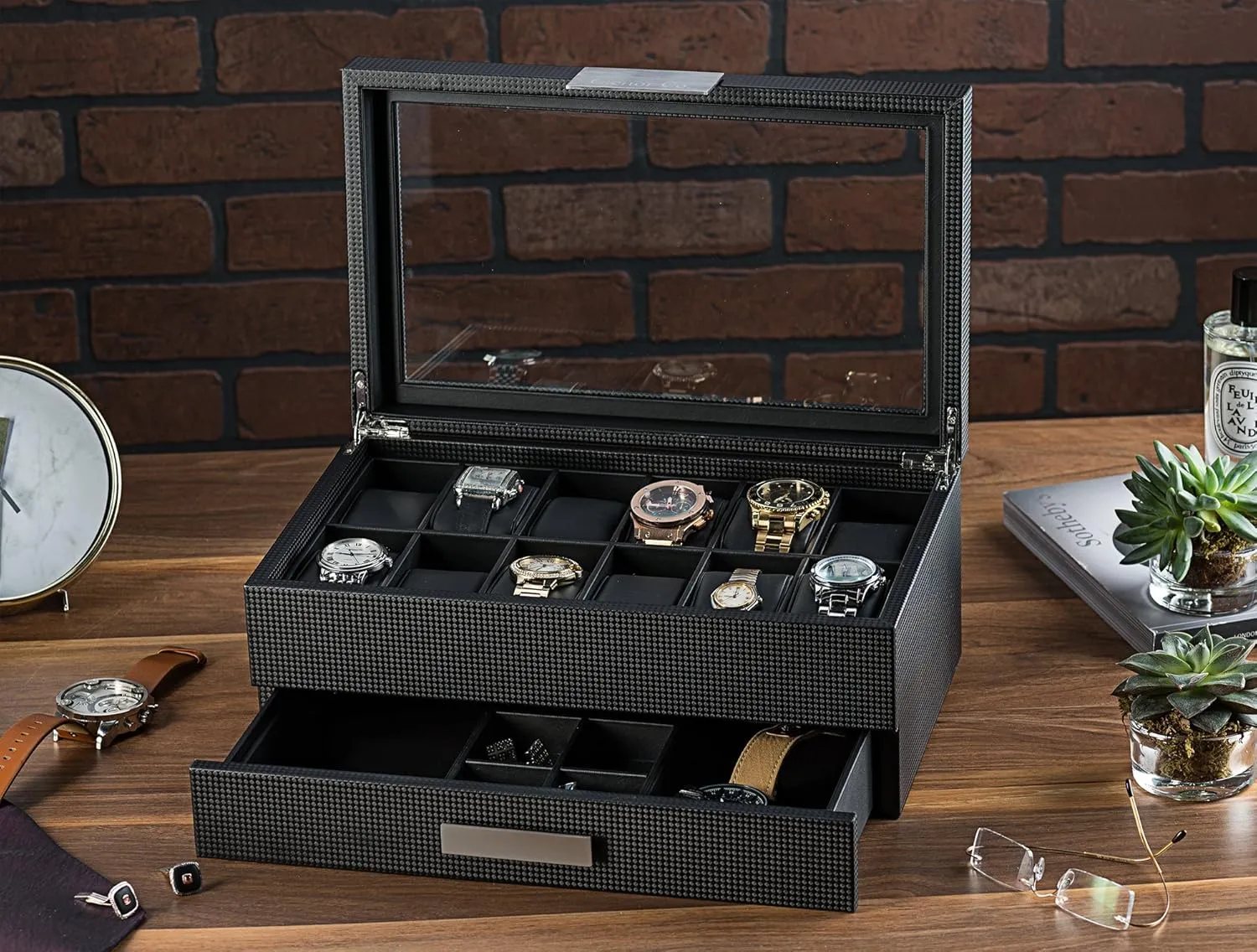 Watch Box with Valet Drawer for Men - 12 Slot Luxury Case Display Organizer, Carbon Fiber Design - Metal Buckle for Mens Jewelry Watches, Men's Storage Boxes Holder has Large Glass Top