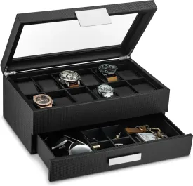 Watch Box with Valet Drawer for Men - 12 Slot Luxury Case Display Organizer, Carbon Fiber Design - Metal Buckle for Mens Jewelry Watches, Men's Storage Boxes Holder has Large Glass Top