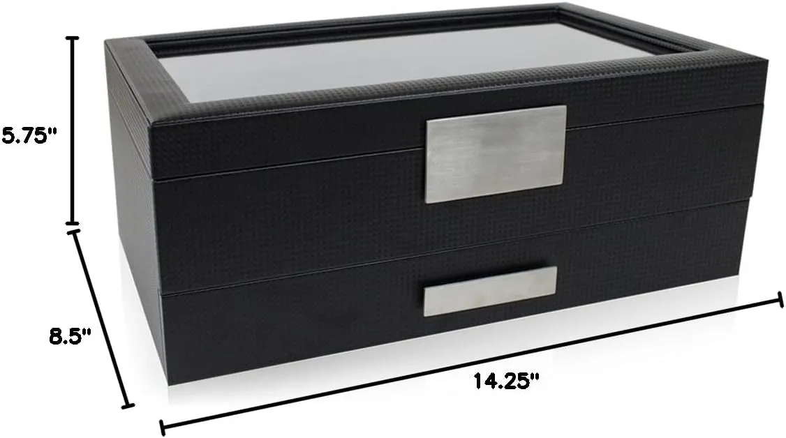 Watch Box with Valet Drawer for Men - 12 Slot Luxury Case Display Organizer, Carbon Fiber Design - Metal Buckle for Mens Jewelry Watches, Men's Storage Boxes Holder has Large Glass Top