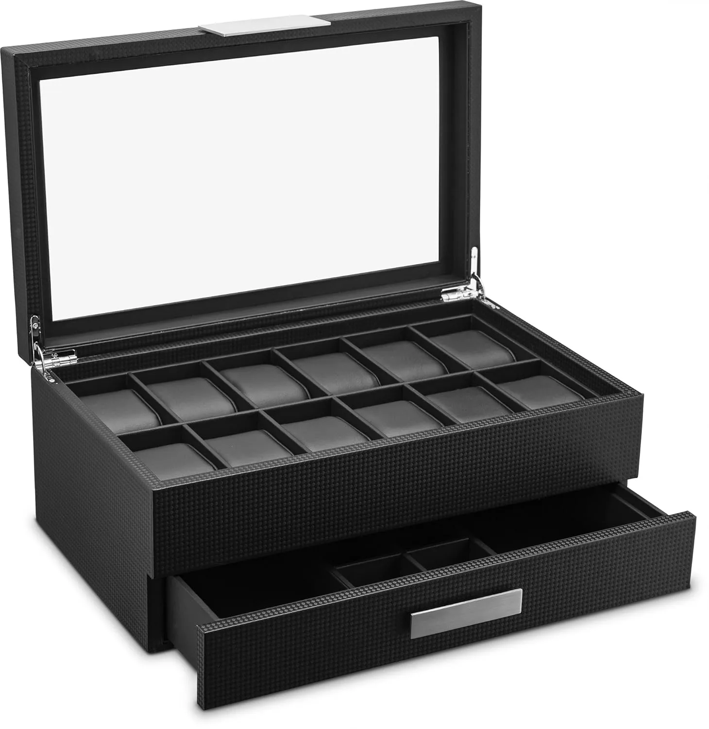 Watch Box with Valet Drawer for Men - 12 Slot Luxury Case Display Organizer, Carbon Fiber Design - Metal Buckle for Mens Jewelry Watches, Men's Storage Boxes Holder has Large Glass Top