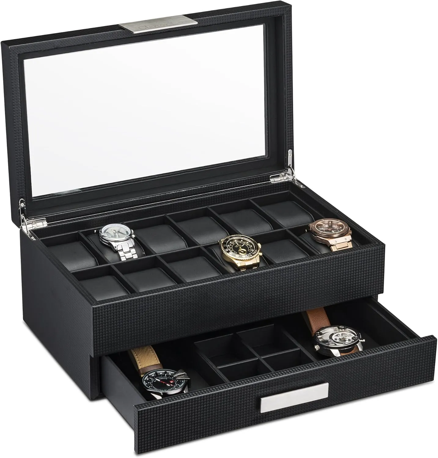 Watch Box with Valet Drawer for Men - 12 Slot Luxury Case Display Organizer, Carbon Fiber Design - Metal Buckle for Mens Jewelry Watches, Men's Storage Boxes Holder has Large Glass Top