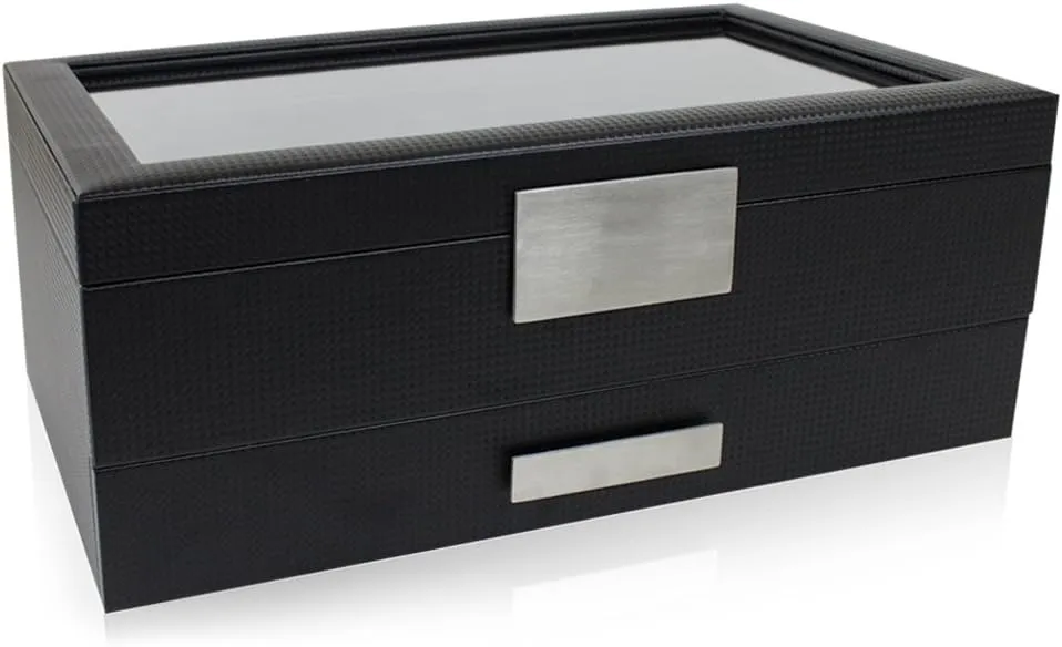 Watch Box with Valet Drawer for Men - 12 Slot Luxury Case Display Organizer, Carbon Fiber Design - Metal Buckle for Mens Jewelry Watches, Men's Storage Boxes Holder has Large Glass Top