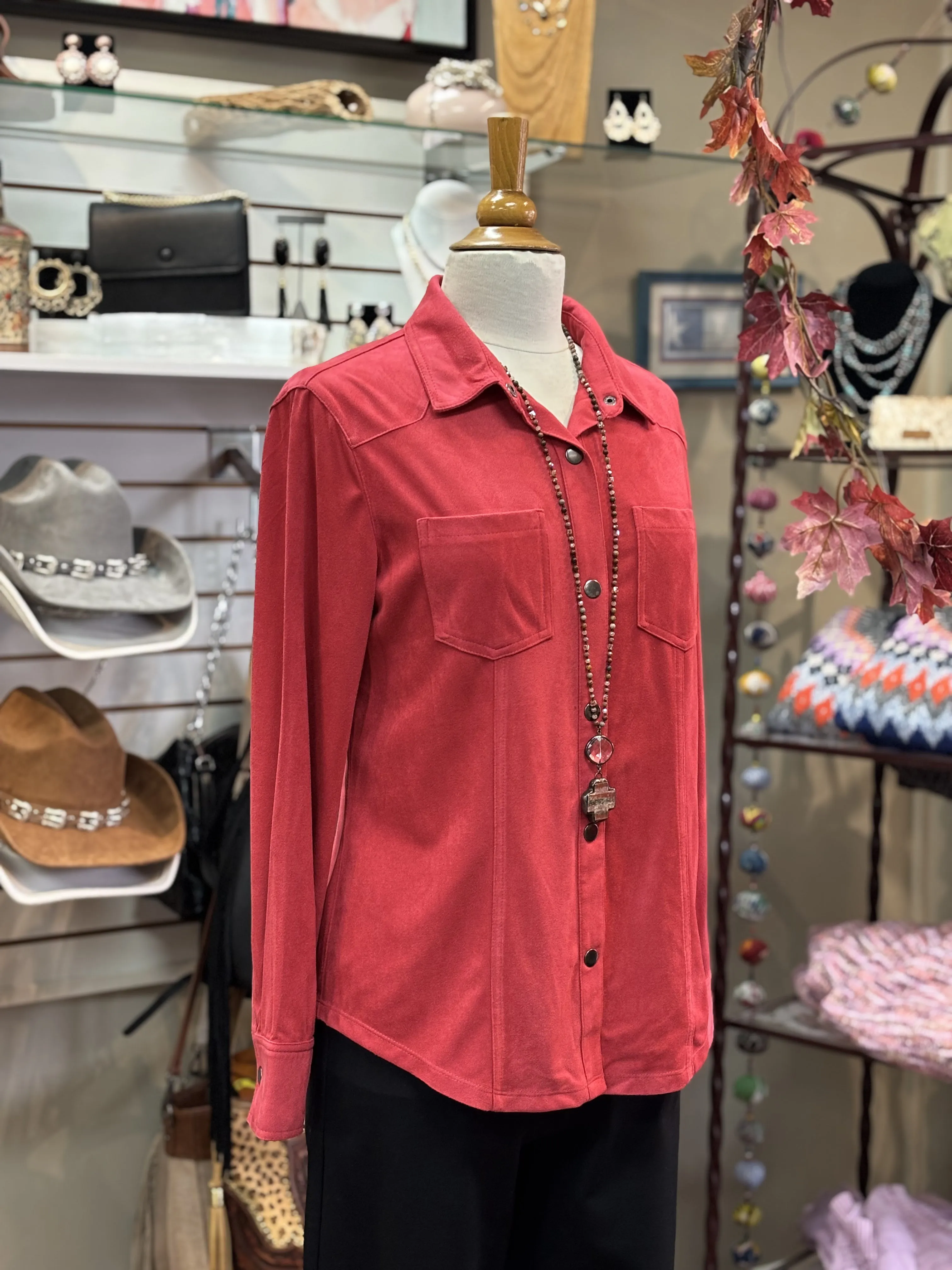 W.A.Y - Suede Button Up-Red