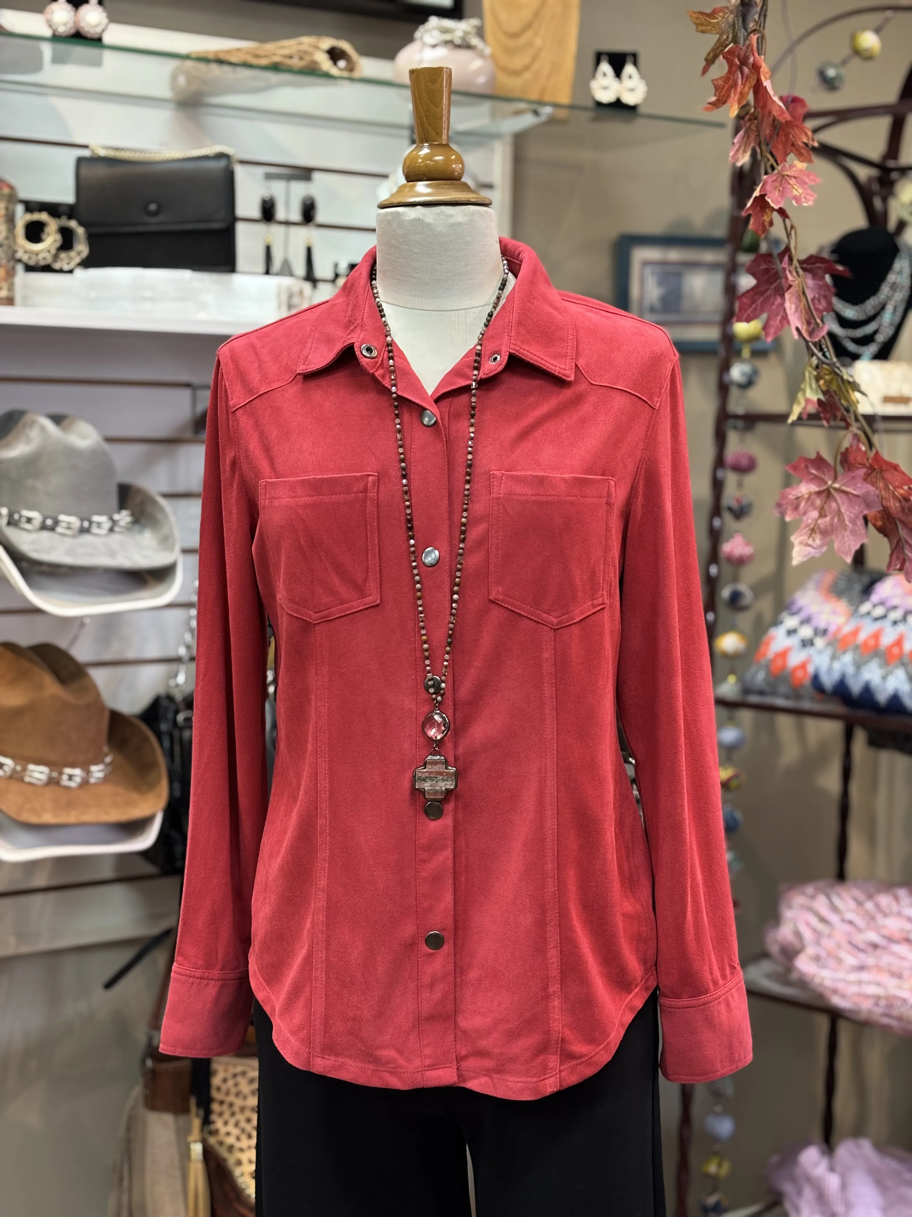 W.A.Y - Suede Button Up-Red
