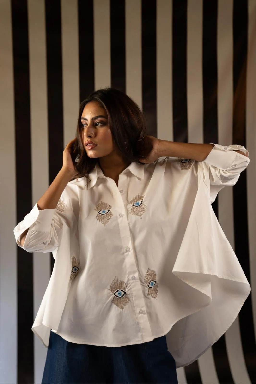 White Evil Eye Flare Shirt