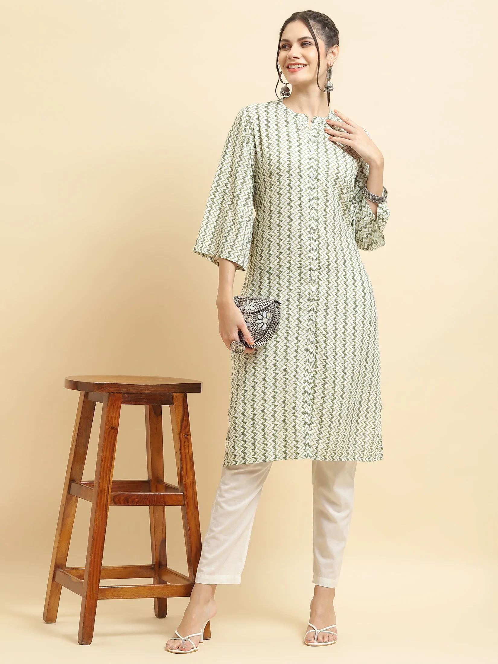Women Liva Rayon Green Stripe Print Kurta