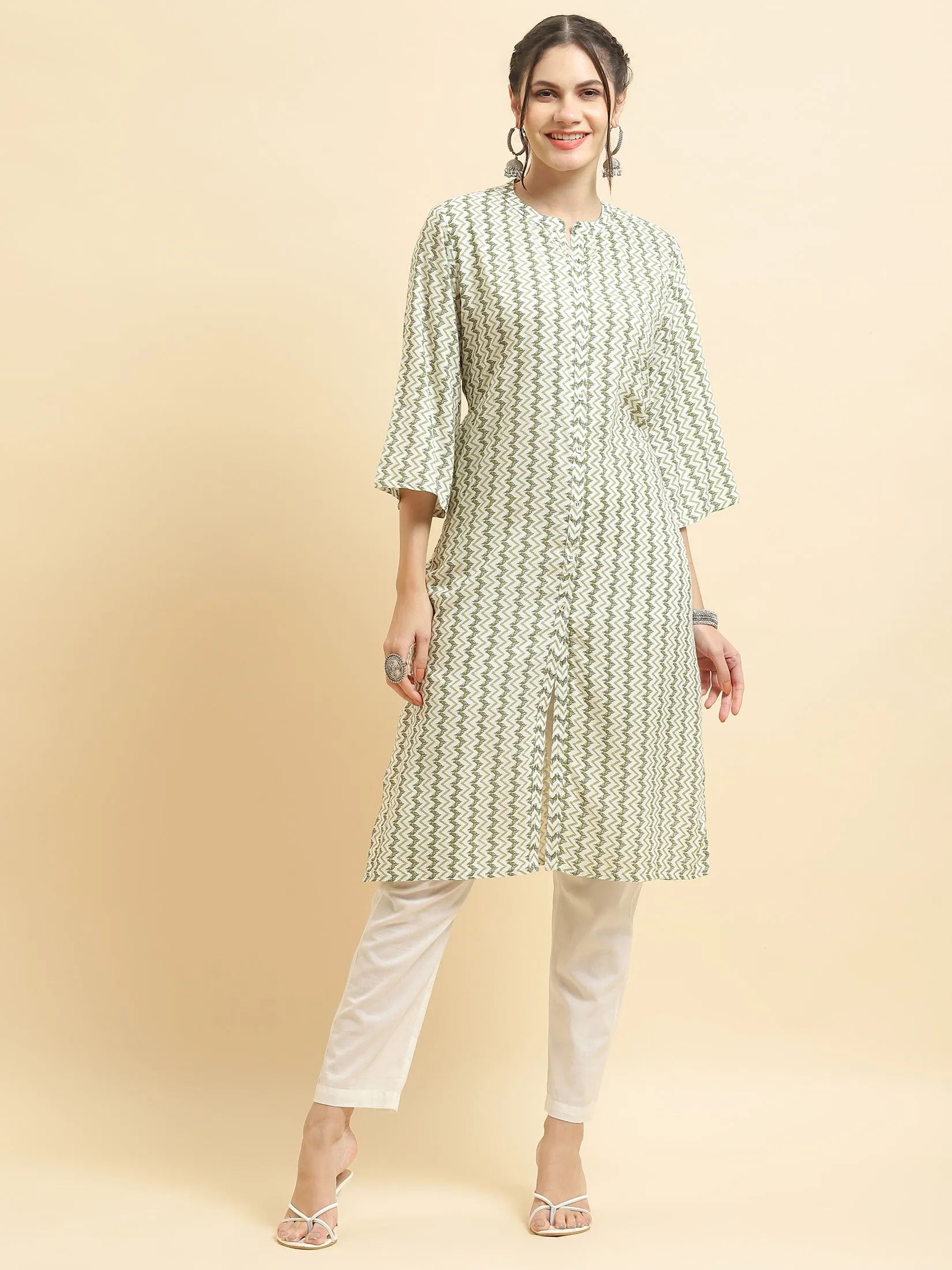 Women Liva Rayon Green Stripe Print Kurta