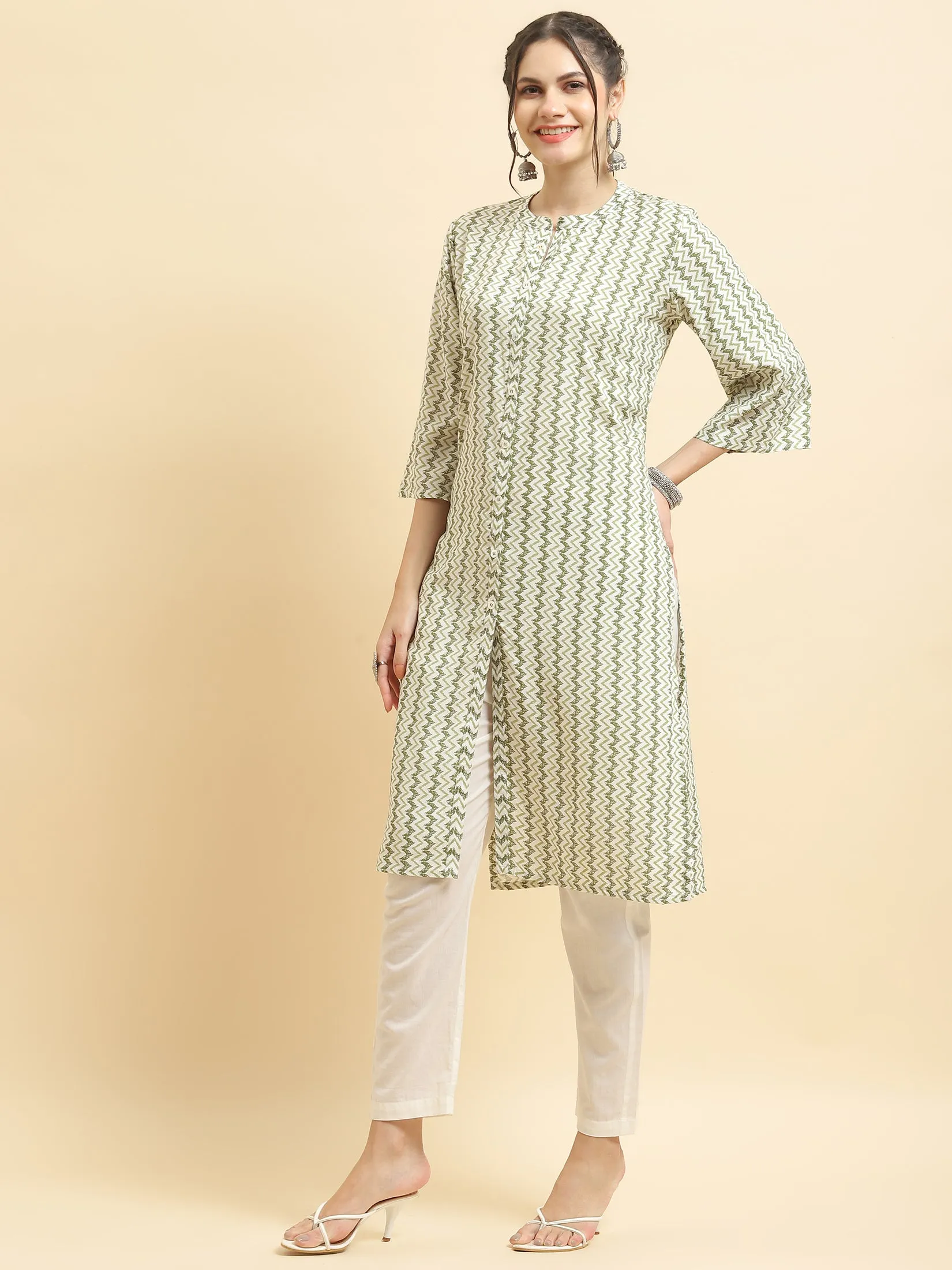 Women Liva Rayon Green Stripe Print Kurta