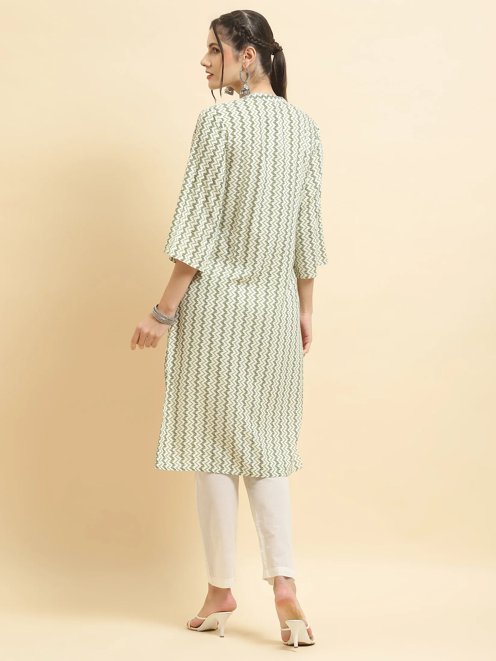 Women Liva Rayon Green Stripe Print Kurta