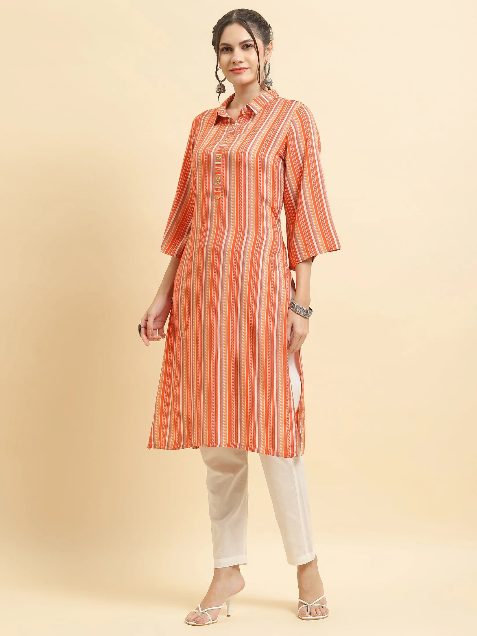 Women Liva Rayon Peach Stripe Print Kurta