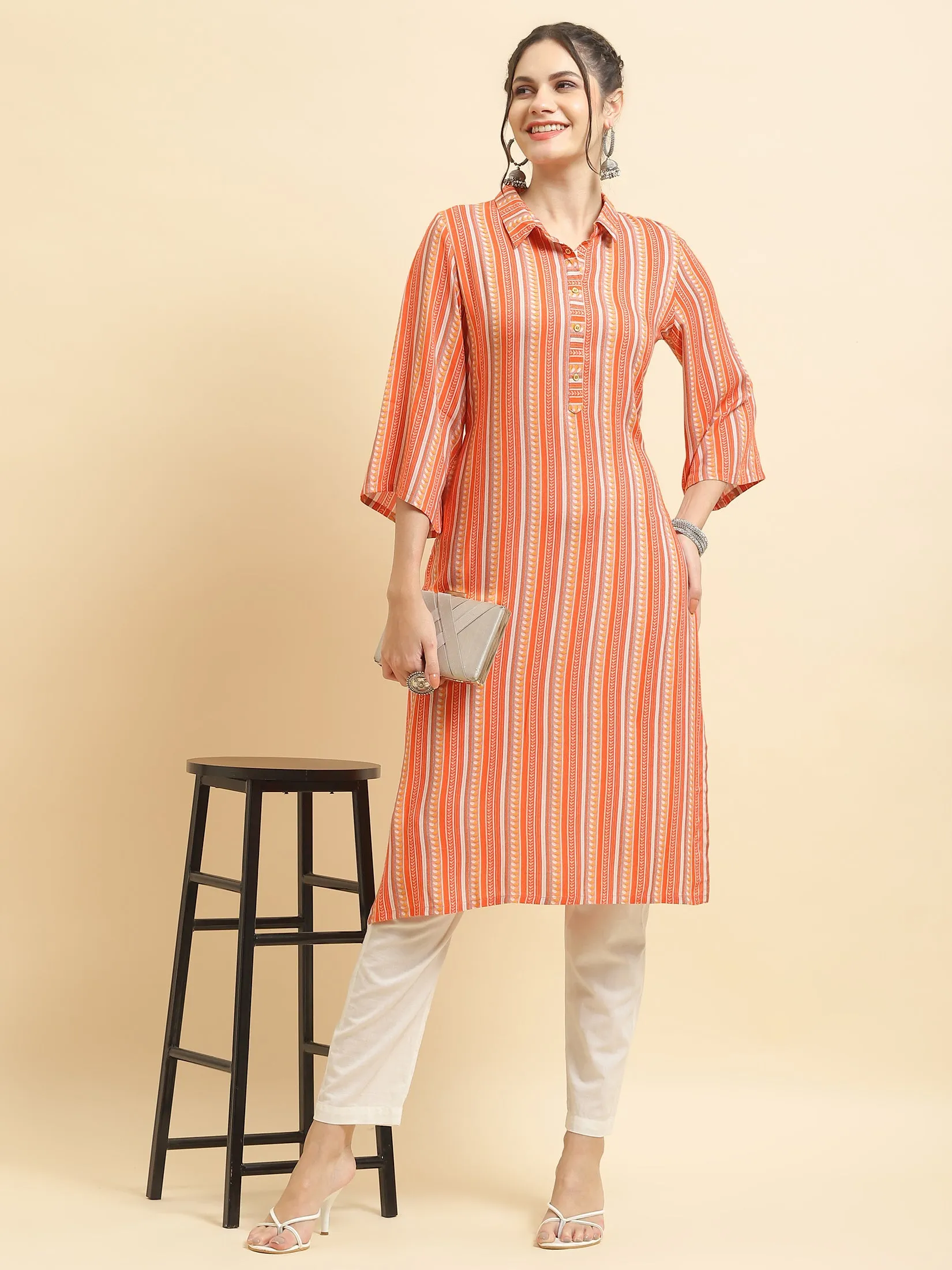 Women Liva Rayon Peach Stripe Print Kurta