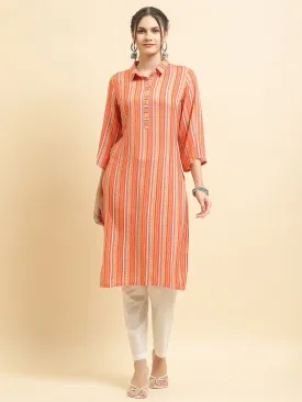 Women Liva Rayon Peach Stripe Print Kurta