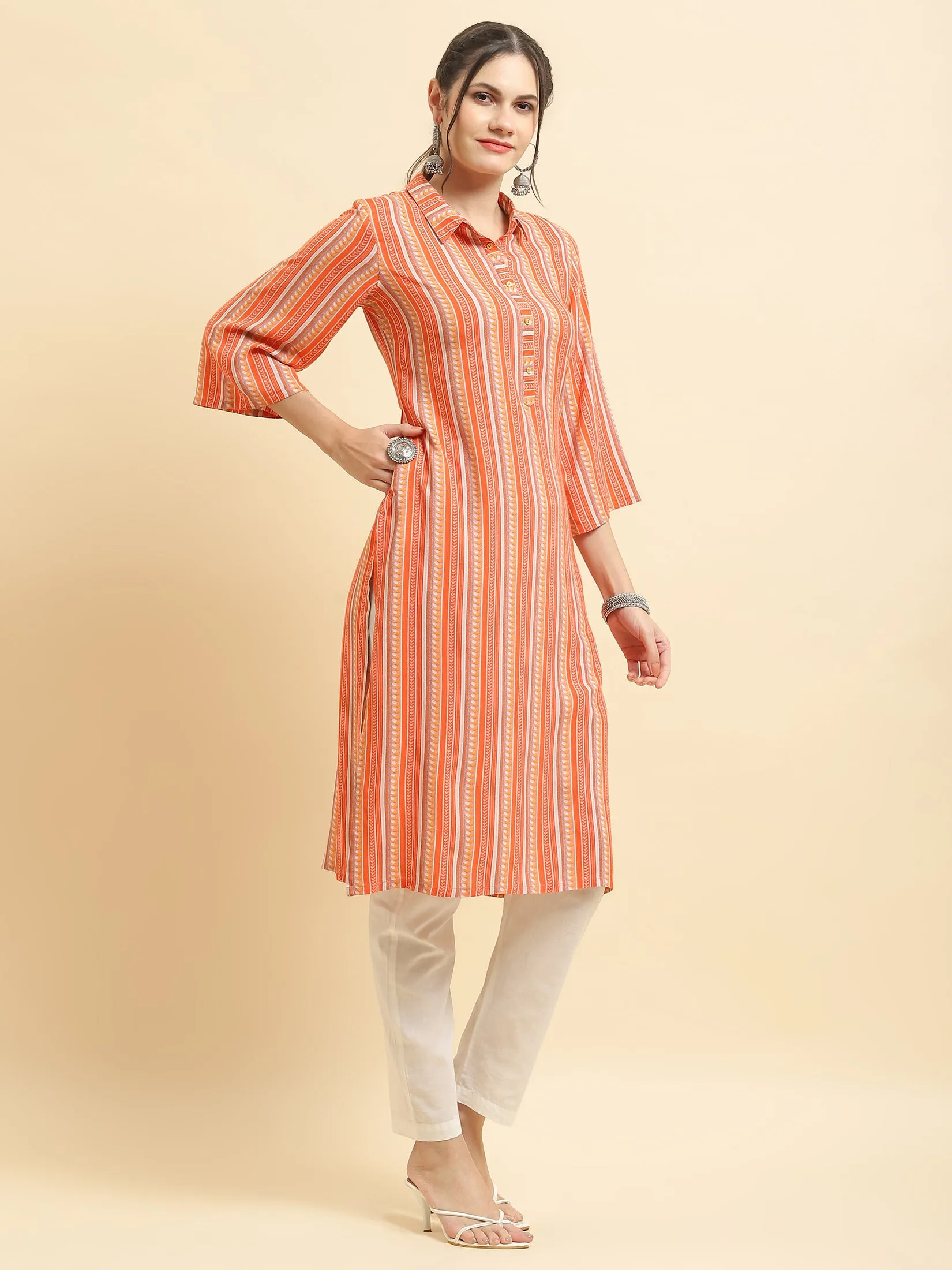 Women Liva Rayon Peach Stripe Print Kurta
