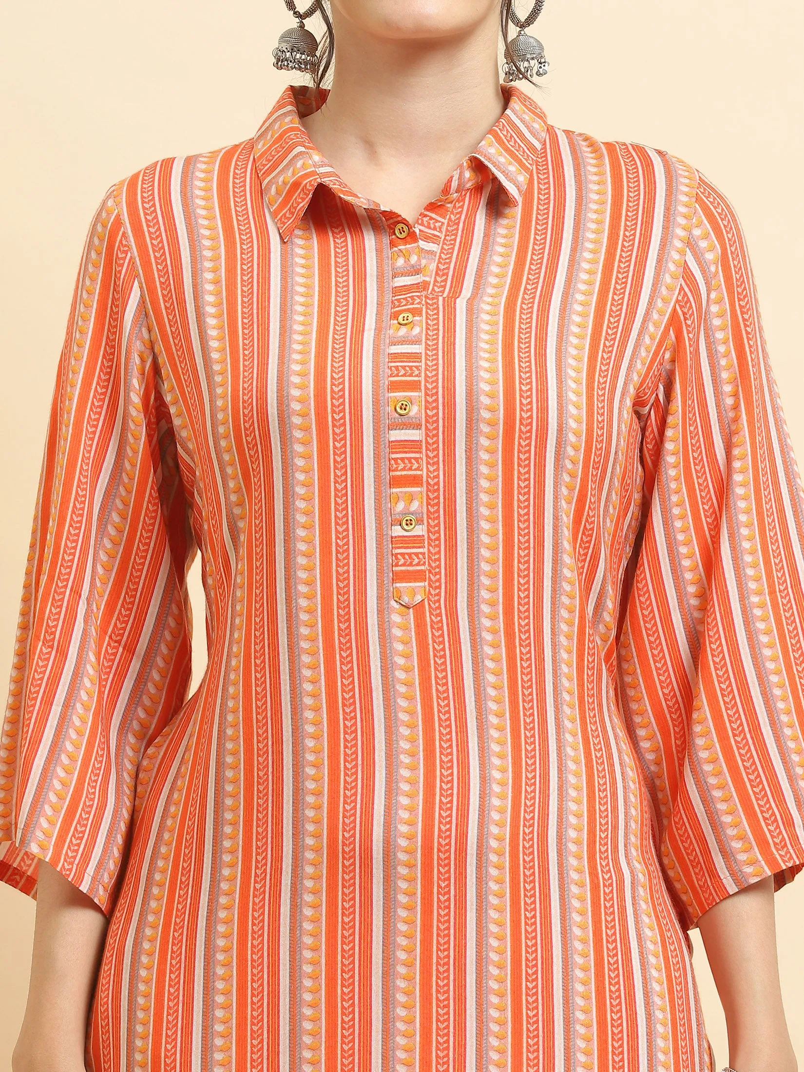 Women Liva Rayon Peach Stripe Print Kurta