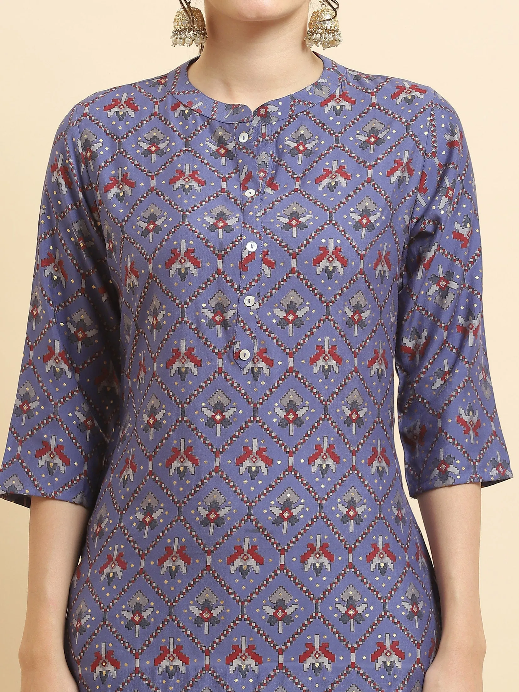 Women Muslin Purple Aztec Print Kurta