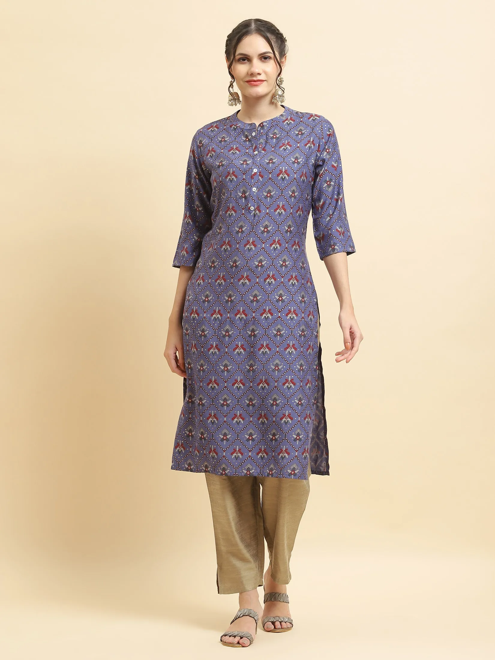 Women Muslin Purple Aztec Print Kurta