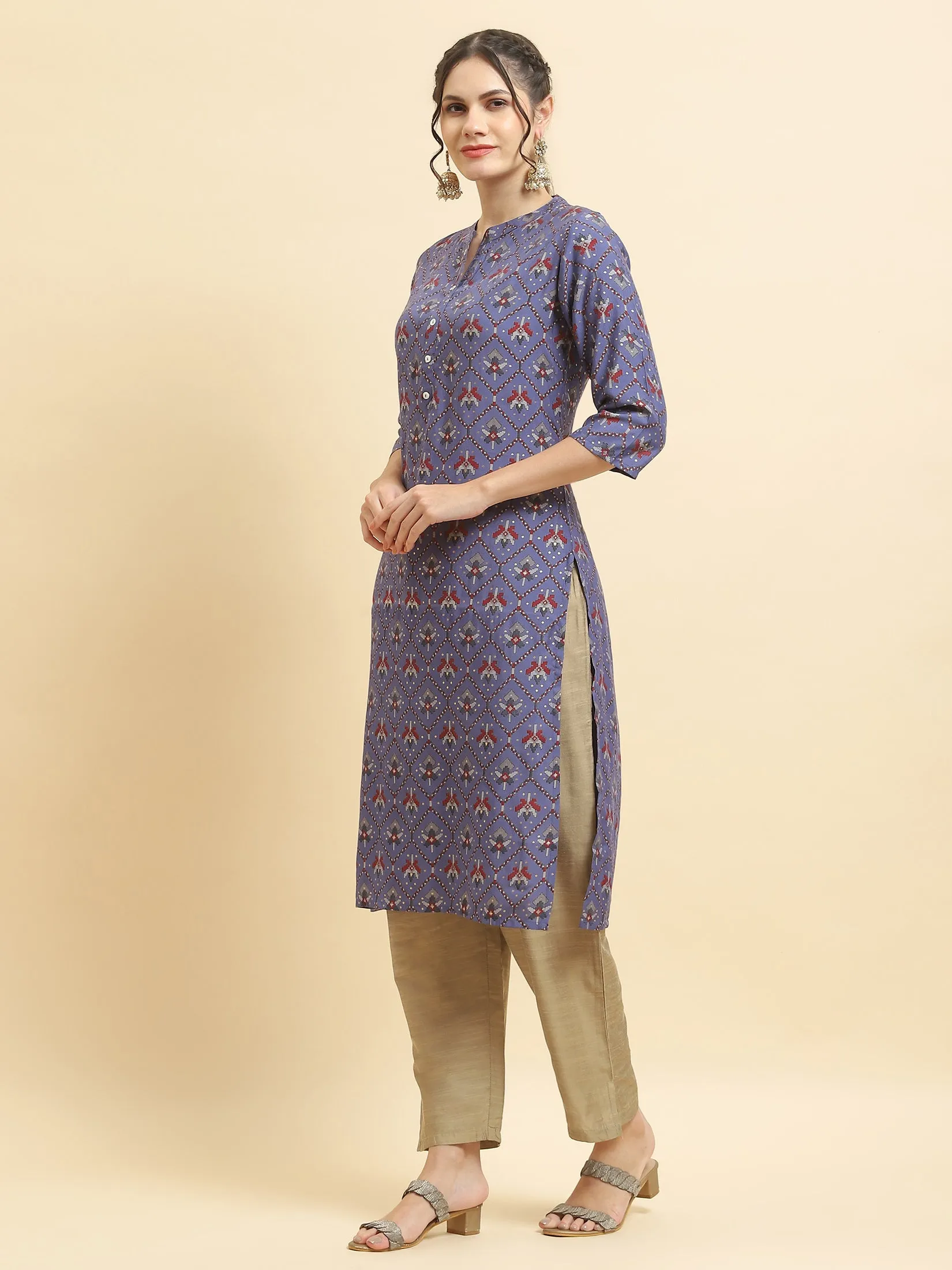Women Muslin Purple Aztec Print Kurta