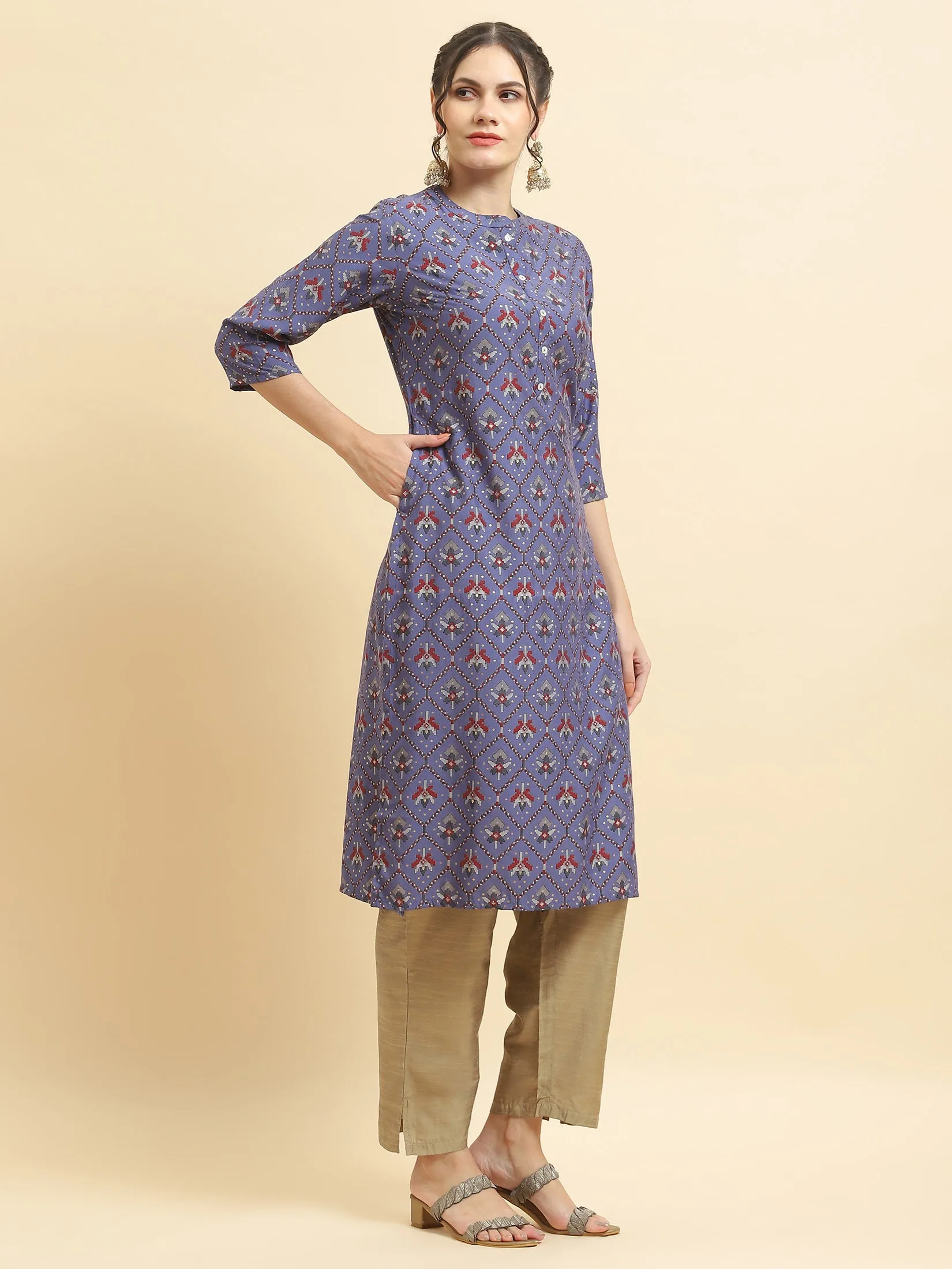 Women Muslin Purple Aztec Print Kurta