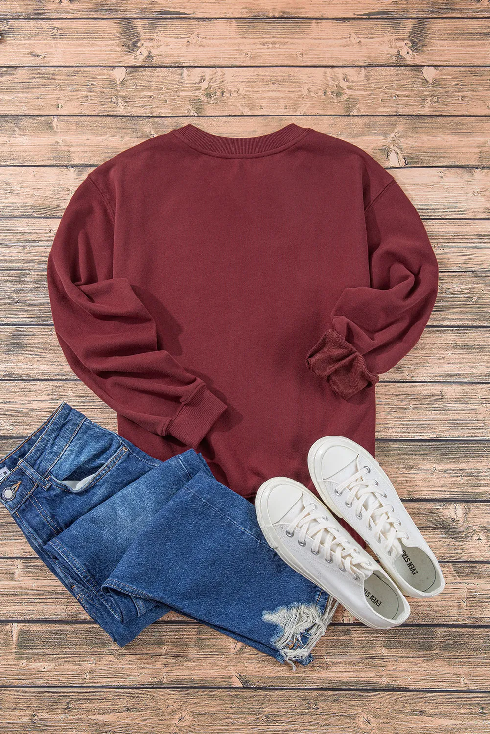 Womens Burgundy Plain Drop Shoulder Crewneck Pullover Sweatshirt
