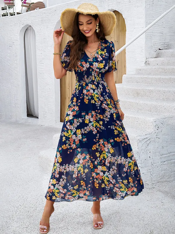 Women's elegant printed waist-cinching short-sleeved dress