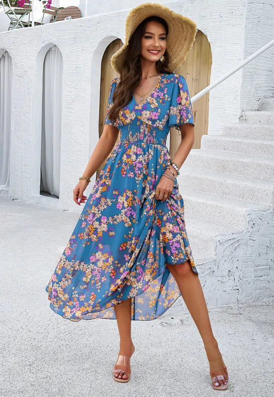 Women's elegant printed waist-cinching short-sleeved dress