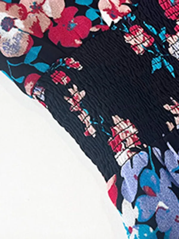 Women's elegant printed waist-cinching short-sleeved dress