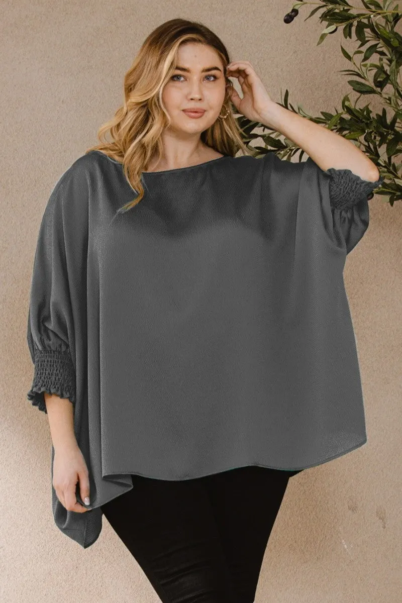 Women's Plus Ember Jacquard Solid Woven Oversized Boatneck 3/4 Sleeve Blouse