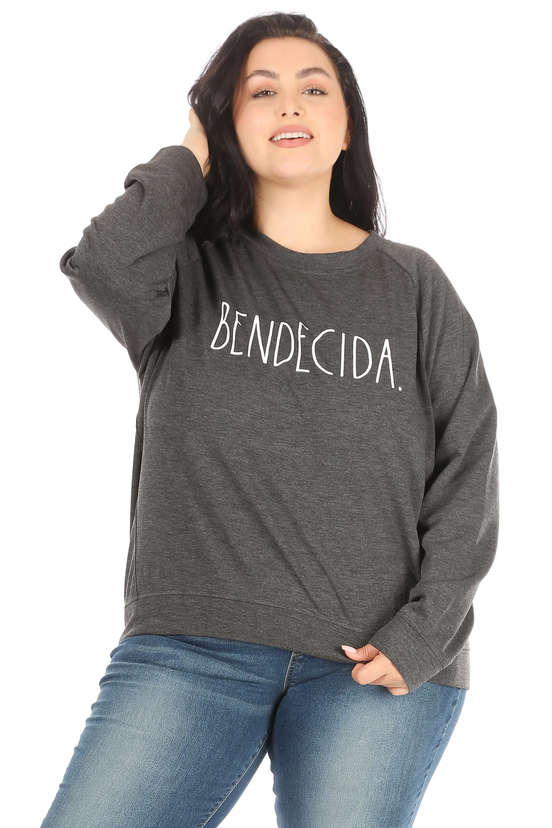 Women's "BENDECIDA" Plus Size Studio Raglan Sweatshirt