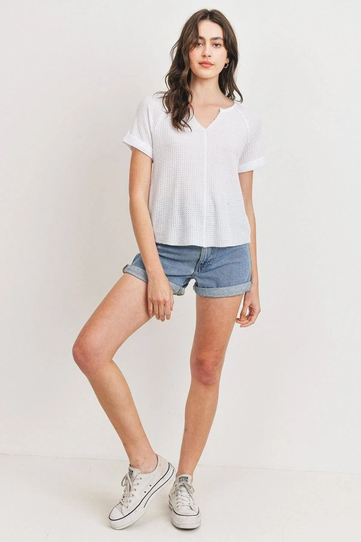 Women's Waffle Raw Edge V-neck Rolled Up Short Sleeves Top