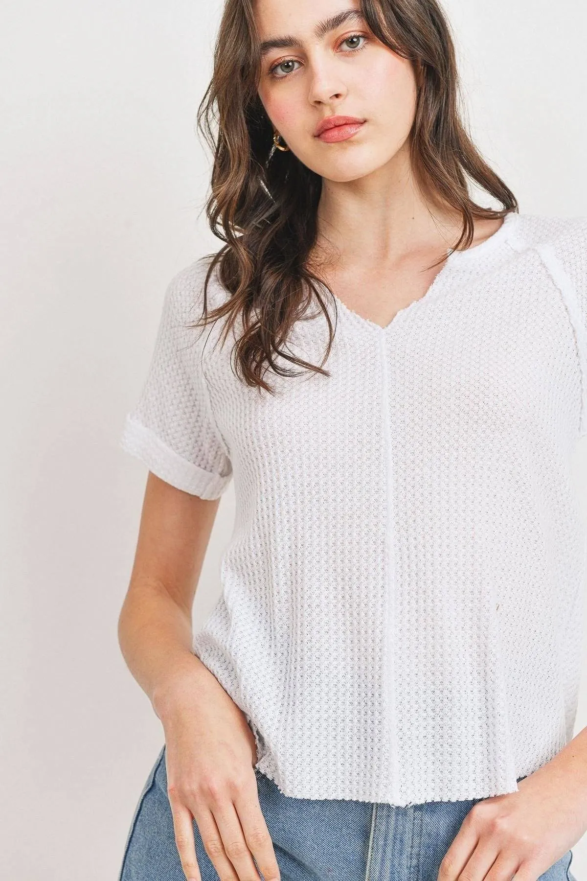 Women's Waffle Raw Edge V-neck Rolled Up Short Sleeves Top