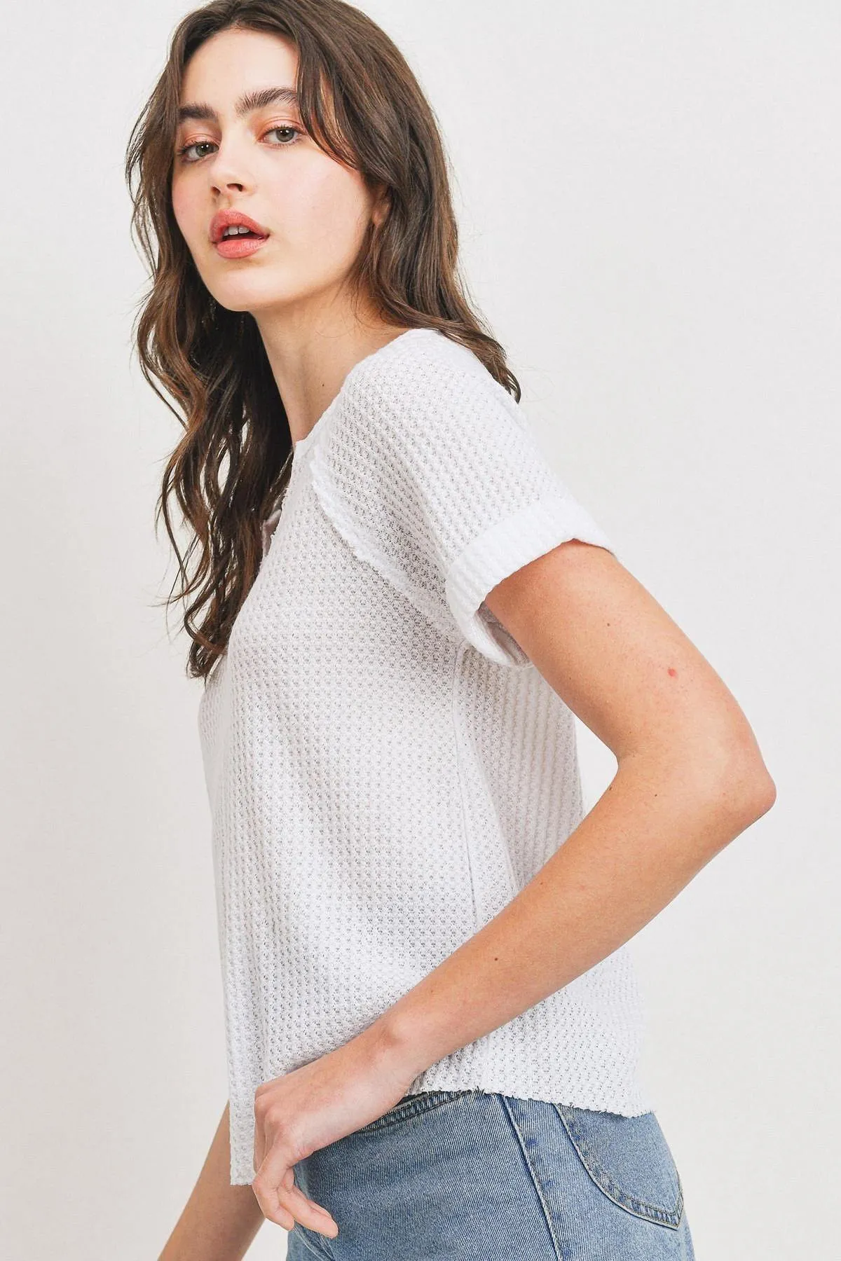 Women's Waffle Raw Edge V-neck Rolled Up Short Sleeves Top
