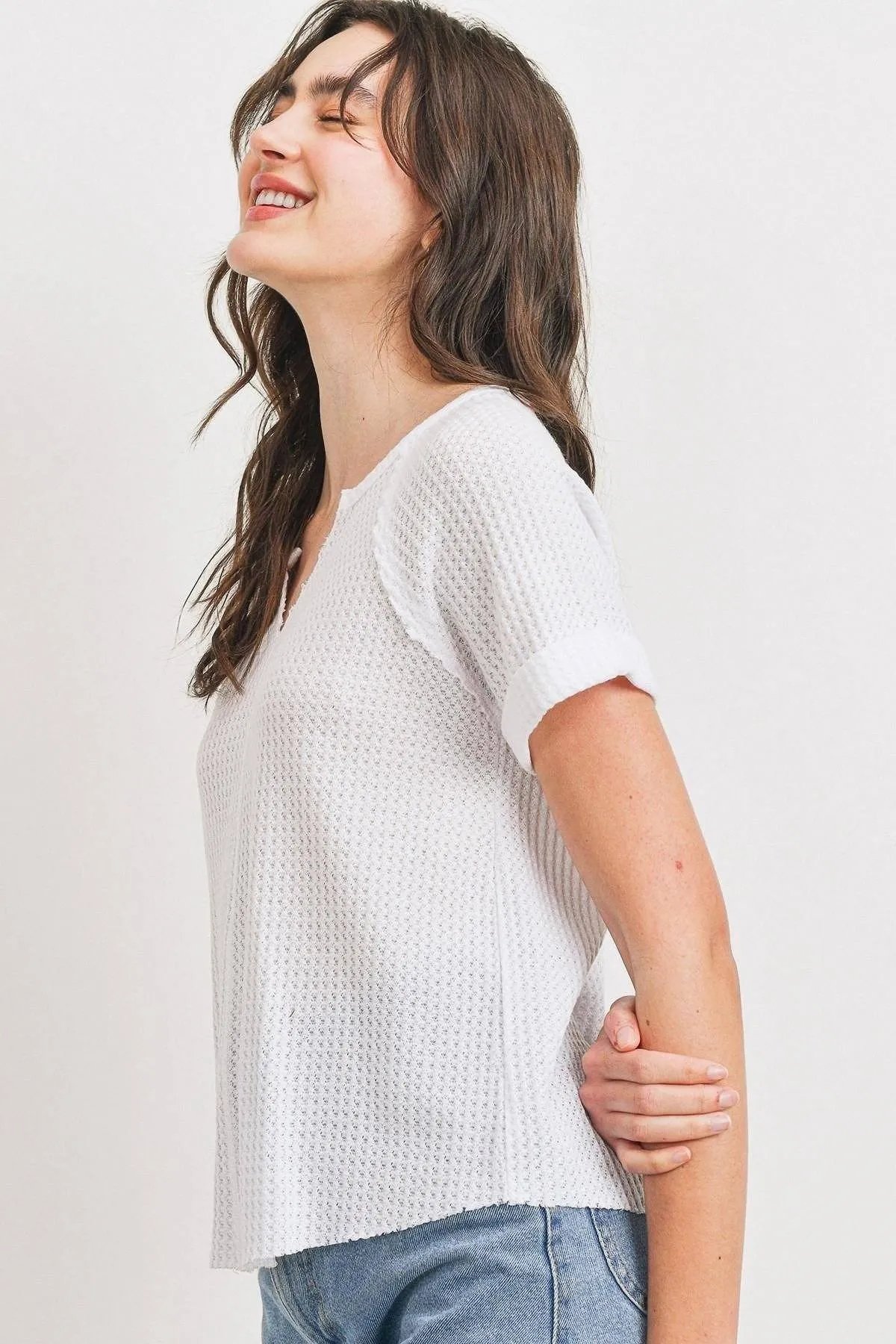 Women's Waffle Raw Edge V-neck Rolled Up Short Sleeves Top