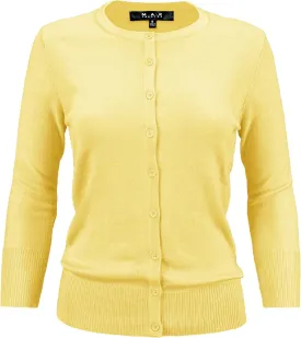 YEMAK Women's Knit Cardigan Sweater  3/4 Sleeve Crewneck Basic Classic Casual Button Down Soft Lightweight Top (S-3XL)